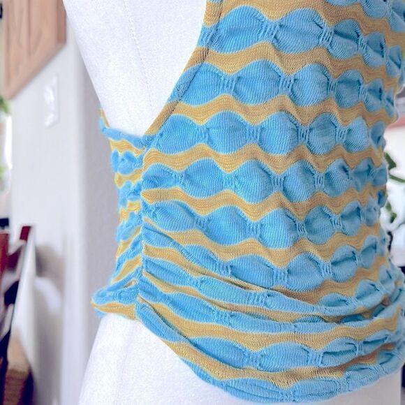 NWOT Free People Mock Neck Sleeveless Wavy Stripes Blue Mustard Tank Racer Back - Picture 6 of 11